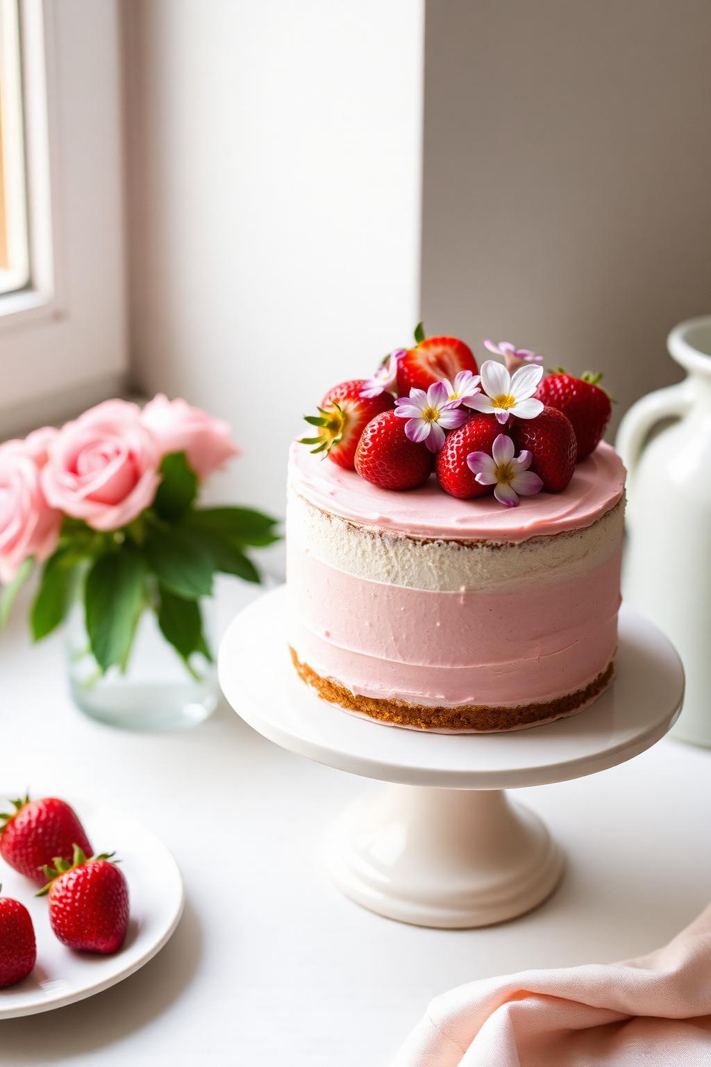 Pink strawberry cake with edible flowers